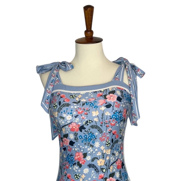 Retro Blue and White Floral Reversible Swimsuit with Shoulder Ties - Picture 7 of 16